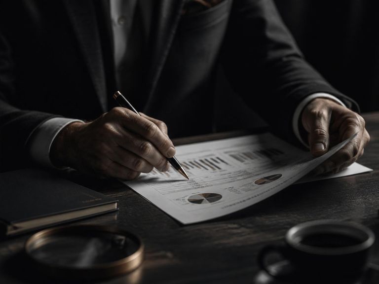 Consultor analisando relatórios financeiros sobre mesa de madeira escura