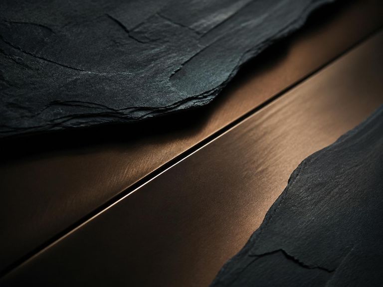Superfícies de pedra escura e bronze escovado em close