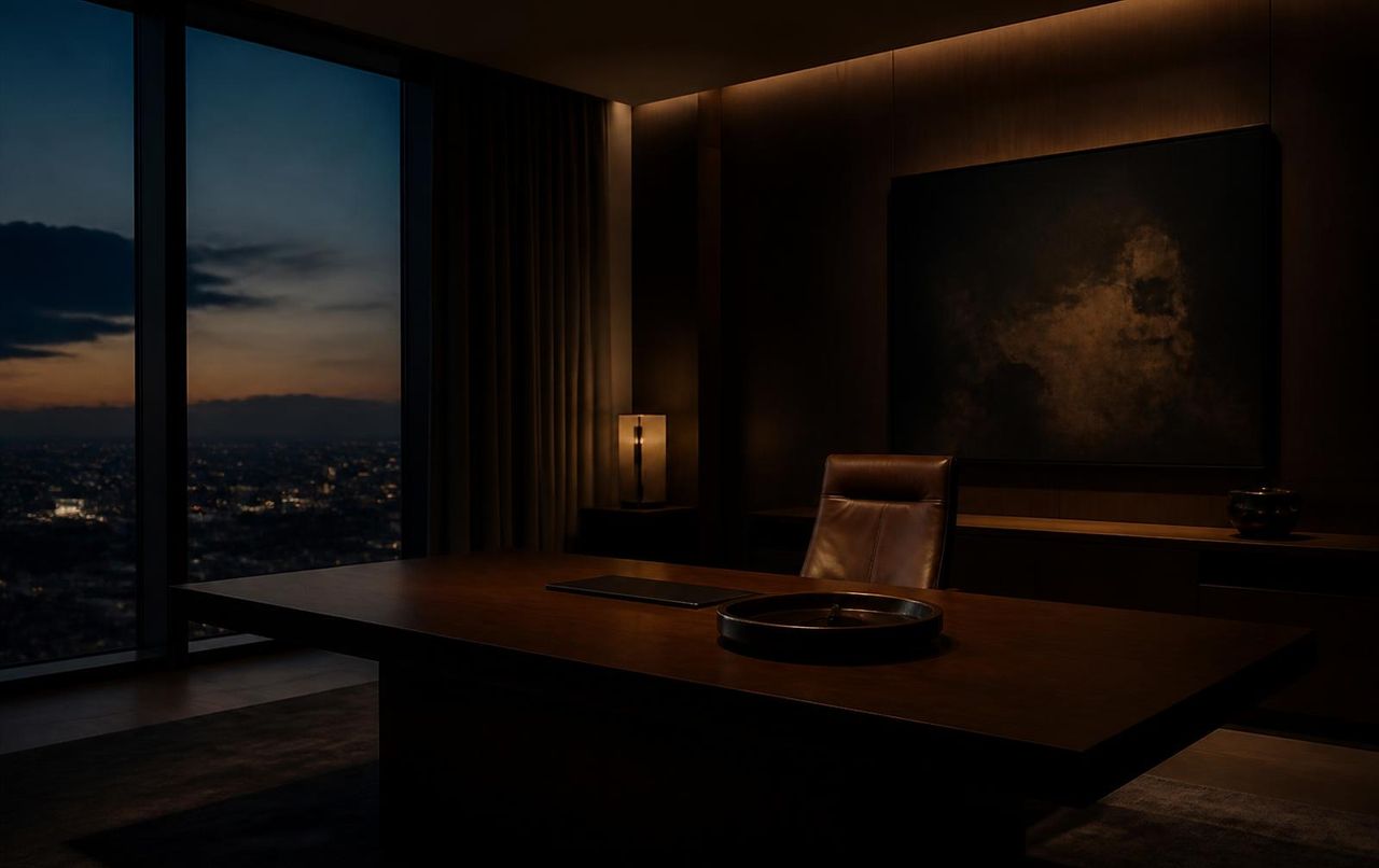 Sala reservada de reunião ao entardecer, com vista para a cidade